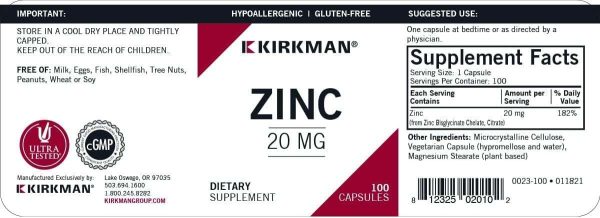 Zinc 20mg, Hypoallergenic - 100 Capsules - Kirkman Laboratories Hot on Sale