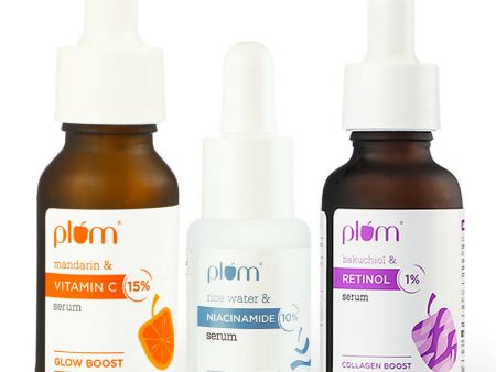 Plum Glow, Bright & Renew Serum Trio - 15% Vitamin C + 10% Niacinamide + 1% Retinol Serum on Sale