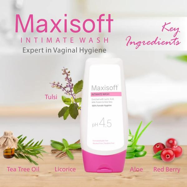 Maxisoft Intimate Wash With Aloe Vera, Glycerine Licorice Redberry Tea Tree Oil & Tulsi pH 4.5 Balanced For Sale