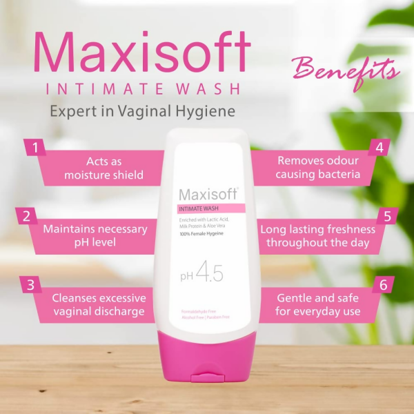 Maxisoft Intimate Wash With Aloe Vera, Glycerine Licorice Redberry Tea Tree Oil & Tulsi pH 4.5 Balanced For Sale