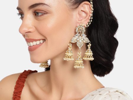 18K Gold Plated Intricately Designed Traditional with Detachable Hair Chain Encased With Kundans & Pearls Jumka Earrings For Women - Wahe Jewels Online