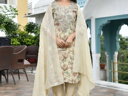 Vaasva Women s Cream Tissue Embroidered Suit Set With Solid Pant And Embroidered Dupatta For Sale