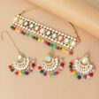 18K Gold Plated Traditional Handcrafted Mirror And Pearl Work Choker Necklace Jewellery With Chandbali Earrings & Maang Tikka Set For Women & Girls - Wahe Jewels Sale