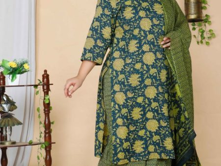 Miravan Women s Plus Size Green Floral Printed Cotton Kurta With Sharara & Dupatta Set For Discount