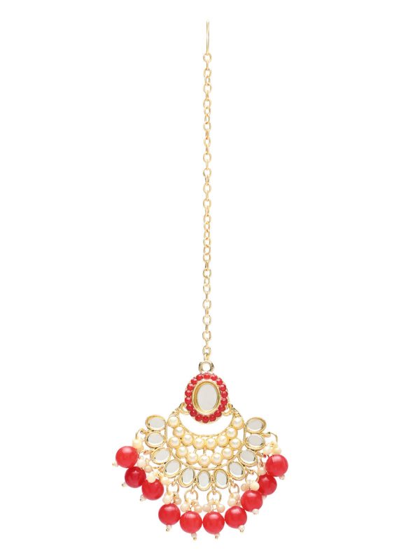 18K Gold Plated Traditional Handcrafted Mirror And Pearl Work Choker Necklace Jewellery With Chandbali Earrings & Maang Tikka Set For Women & Girls - Wahe Jewels Online