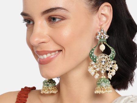 18K Gold Plated Intricately Designed Traditional Green Enamel Glided With Kundans & Pearls Jumka Earrings For Women - Wahe Jewels Sale