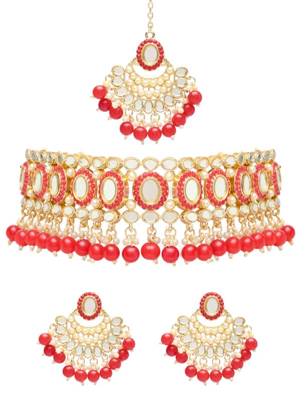 18K Gold Plated Traditional Handcrafted Mirror And Pearl Work Choker Necklace Jewellery With Chandbali Earrings & Maang Tikka Set For Women & Girls - Wahe Jewels Online