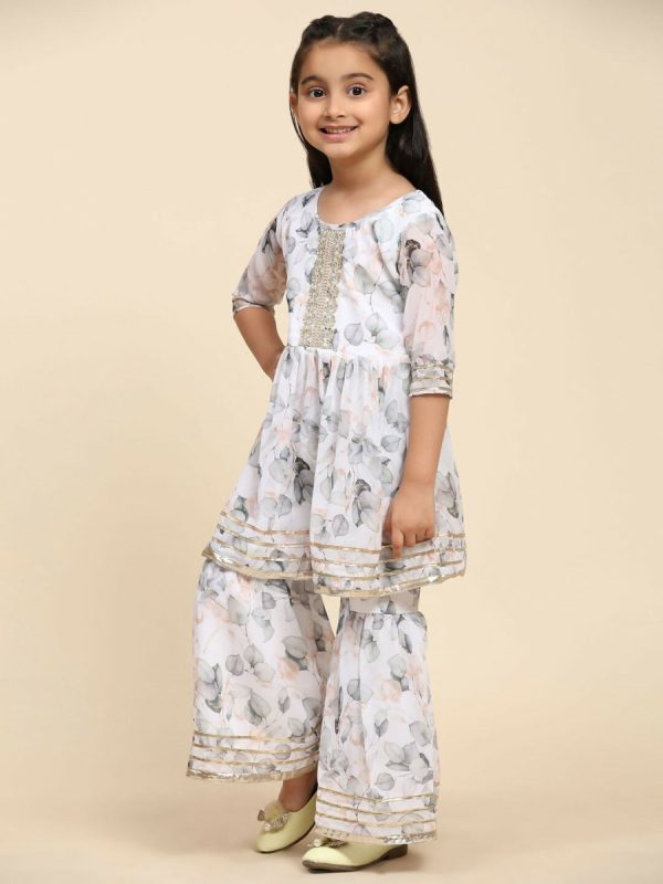 Alakhi Studio Girls Floral Georgette Printed Round-Neck Kurta With Sharara - White on Sale