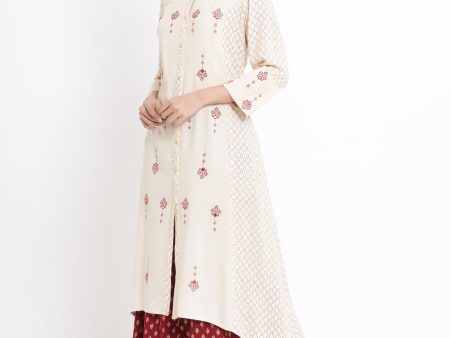 Juniper Women s Ivory Geometric Printed & Embroidered Rayon Kurta Hot on Sale