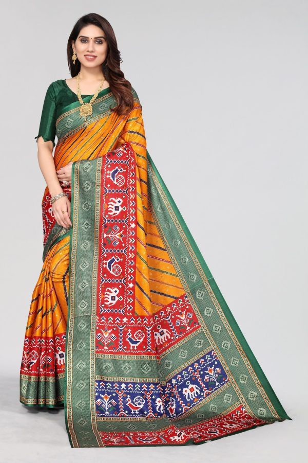 NOZ2TOZ Women Casual Wear Printed Dhola Silk Saree with Un Stitched Blouse - Mustard on Sale