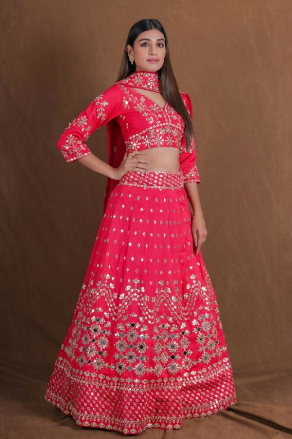 Pink Embroidery With Real Mirror Work Fantum Silk Fabric Lehenga Choli - Jihu Culture Discount