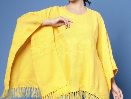 Women Yellow Acrylic Self Design Poncho - Wool Trees Sale