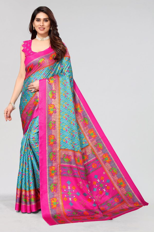 NOZ2TOZ Women Casual Wear Printed Dhola Silk Saree with Un Stitched Blouse - Firozi Online now