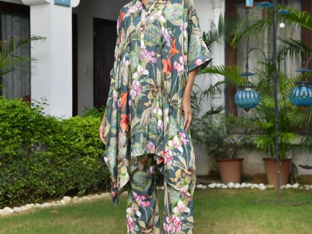 Vaasva Women s Dark Green Musline Viscose Digital Printed Kaftan Pant Set Fashion