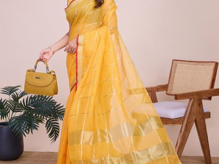 NOZ2TOZ Women Casual Wear Designer Kota Doriya(Semi Cotton) Soft Silk Saree with Un Stitched Blouse - Yellow Online Hot Sale