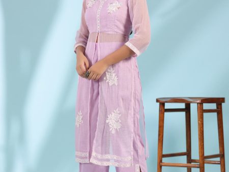 Juniper Women s Lilac Floral Printed pure Cotton Kurta Palazzos & Kota Doria Dupatta With Beads Work For Cheap