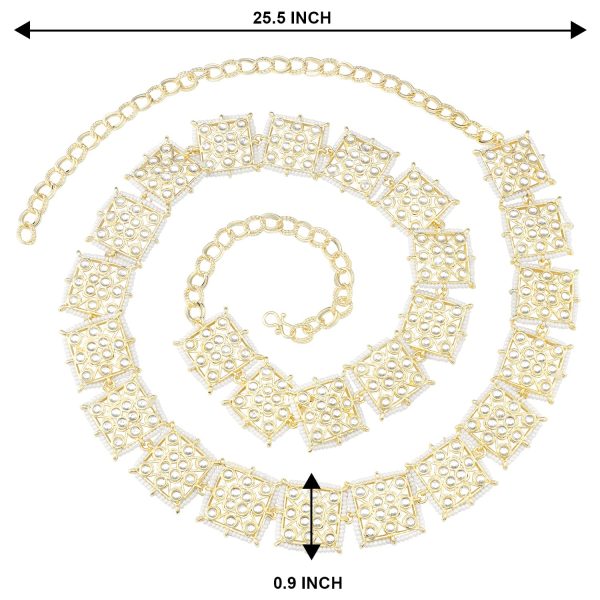 18K Gold Plated Traditional Ethnic Square Shape Kundan Studded Adjustable Pearl Kamarband Belly Chain Kandora Wait Belt For Women - Wahe Jewels Fashion