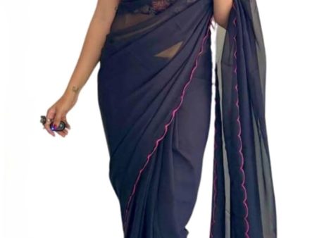 Vamika Embroidery Navy Blue Georgette Bollywood Saree For Cheap