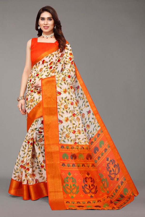 NOZ2TOZ Women Casual Wear Printed Cotton Silk Saree with Un Stitched Blouse - Orange For Cheap