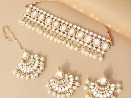 18K Gold Plated Traditional Handcrafted Mirror And Pearl Work Choker Necklace Jewellery With Chandbali Earrings & Maang Tikka Set For Women & Girls - Wahe Jewels on Sale