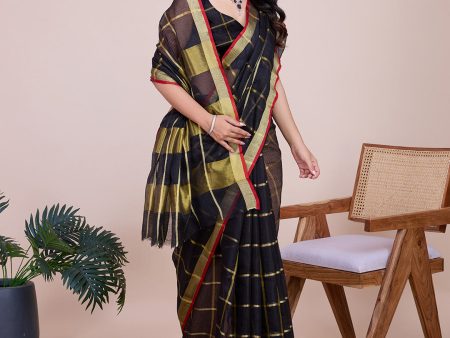 NOZ2TOZ Women Casual Wear Designer Kota Doriya(Semi Cotton) Soft Silk Saree with Un Stitched Blouse - Black Sale