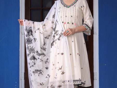 Juniper Women s Off-White & Black Cotton Dobby Pleated Embroidered Kurta Palazzo & Dupatta Set For Cheap