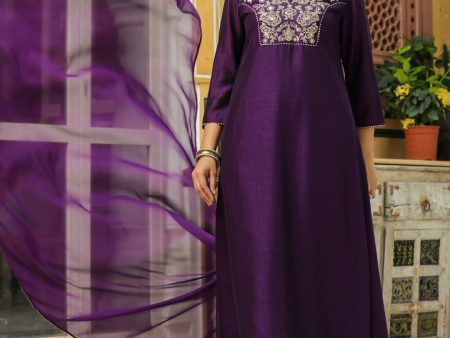 Janasya Purple Silk Blend Yoke Embroidery Kurta,Bottom & Dupatta For Sale