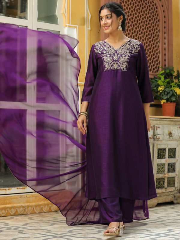 Janasya Purple Silk Blend Yoke Embroidery Kurta,Bottom & Dupatta For Sale