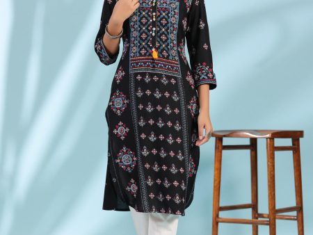 Juniper Women s Black Ethnic Motif Printed Rayon Calf Length Straight Kurta With Kaudis Kantha Work & Sequins Online