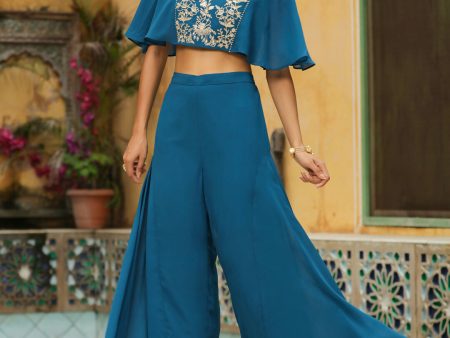 Janasya Teal Blue Georgette Yoke Embroidery Co-Ords Hot on Sale