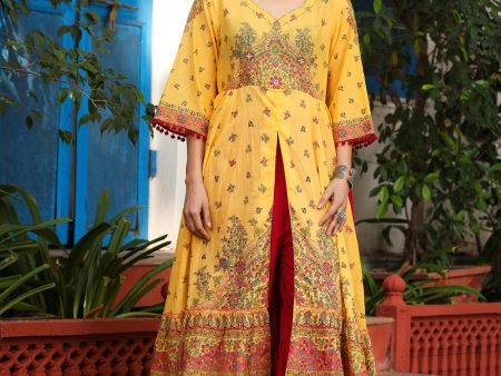 Juniper Women s Mustard Cotton Floral Printed Anarkali Kurta With Pants And Dupatta Set With Sequins & Beadwork Hot on Sale