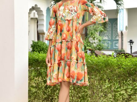 Vaasva Women s Orange Cotton Embroidered& Digital Printed Dress Fashion