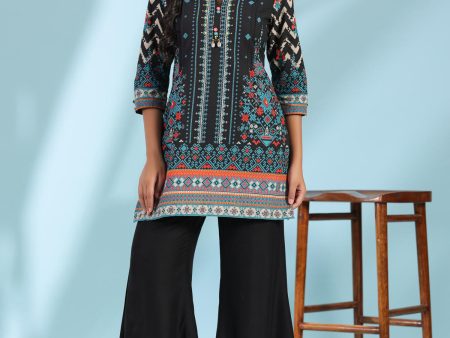 Juniper Women s Black Pure Cotton Geometric Printed & Pleated Kurta With Beads & Sequins Fashion