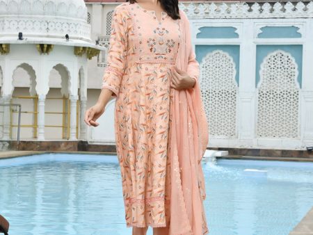 Vaasva Women s Peach Cotton Anarkali Set With Solid Pant And Embroidered Dupatta Online now