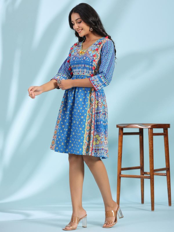 Juniper Women s Blue Floral Printed Pure Cotton Dress With Beads & sequins Work Online