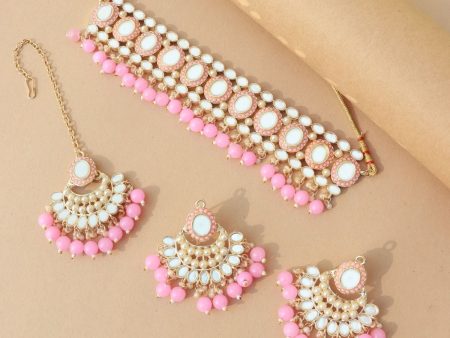 18K Gold Plated Traditional Handcrafted Mirror And Pearl Work Choker Necklace Jewellery With Chandbali Earrings & Maang Tikka Set For Women & Girls - Wahe Jewels Online Hot Sale