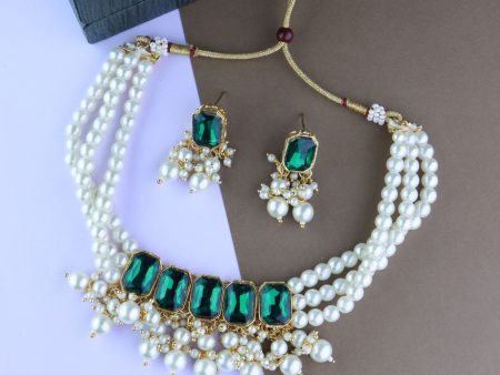 18K Gold Plated Traditional Green Stone Studded Multi Layered White Pearl Choker Necklace Jewellery Set with Earrings for Women And Girls - Wahe Jewels Hot on Sale