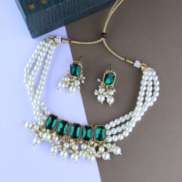 18K Gold Plated Traditional Green Stone Studded Multi Layered White Pearl Choker Necklace Jewellery Set with Earrings for Women And Girls - Wahe Jewels Hot on Sale