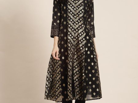 Juniper Women s Juniper Women`s Black Chanderi Silk Printed Anarkali Kurta Discount