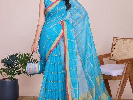 NOZ2TOZ Women Casual Wear Designer Kota Doriya(Semi Cotton) Soft Silk Saree with Un Stitched Blouse - Sky Blue Hot on Sale