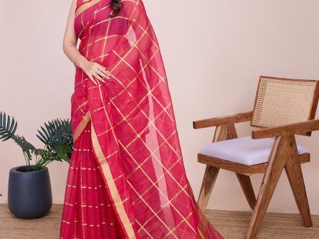 NOZ2TOZ Women Casual Wear Designer Kota Doriya(Semi Cotton) Soft Silk Saree with Un Stitched Blouse - Pink For Sale