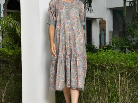 Vaasva Women s Grey Cotton Digital Printed Embroidered Placket Dress Supply