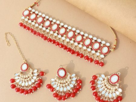 18K Gold Plated Traditional Handcrafted Mirror And Pearl Work Choker Necklace Jewellery With Chandbali Earrings & Maang Tikka Set For Women & Girls - Wahe Jewels Online