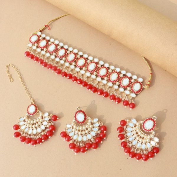 18K Gold Plated Traditional Handcrafted Mirror And Pearl Work Choker Necklace Jewellery With Chandbali Earrings & Maang Tikka Set For Women & Girls - Wahe Jewels Online