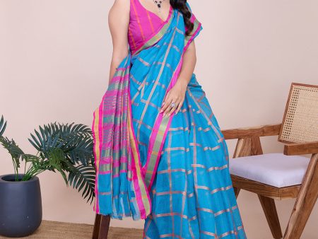 NOZ2TOZ Women Casual Wear Designer Kota Doriya(Semi Cotton) Soft Silk Saree with Un Stitched Blouse - Rama Sale