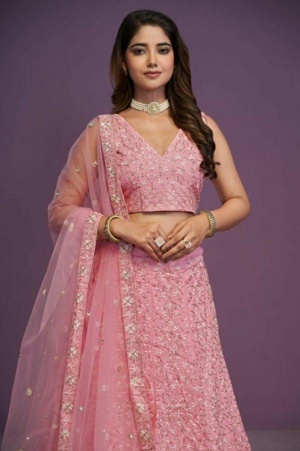 Pink Malai Silk Zari Embroidery Work Lehenga Choli - Jihu Culture Fashion