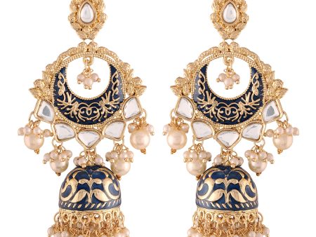 18K Gold Plated Intricately Designed Traditional Blue Enamel Glided With Kundans & Pearls Jhumki Earrings For Women - Wahe Jewels Cheap