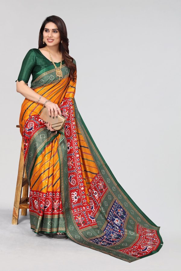 NOZ2TOZ Women Casual Wear Printed Dhola Silk Saree with Un Stitched Blouse - Mustard on Sale