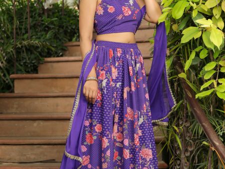 Janasya Purple Georgette Floral Lehenga Choli Dupatta Discount