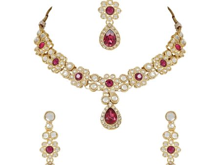 18K Gold Plated Traditional Floral Design Kundan Stones Studed Necklace Jewellery Set with Earrings & Maang Tikka for Women And Girls - Wahe Jewels Hot on Sale